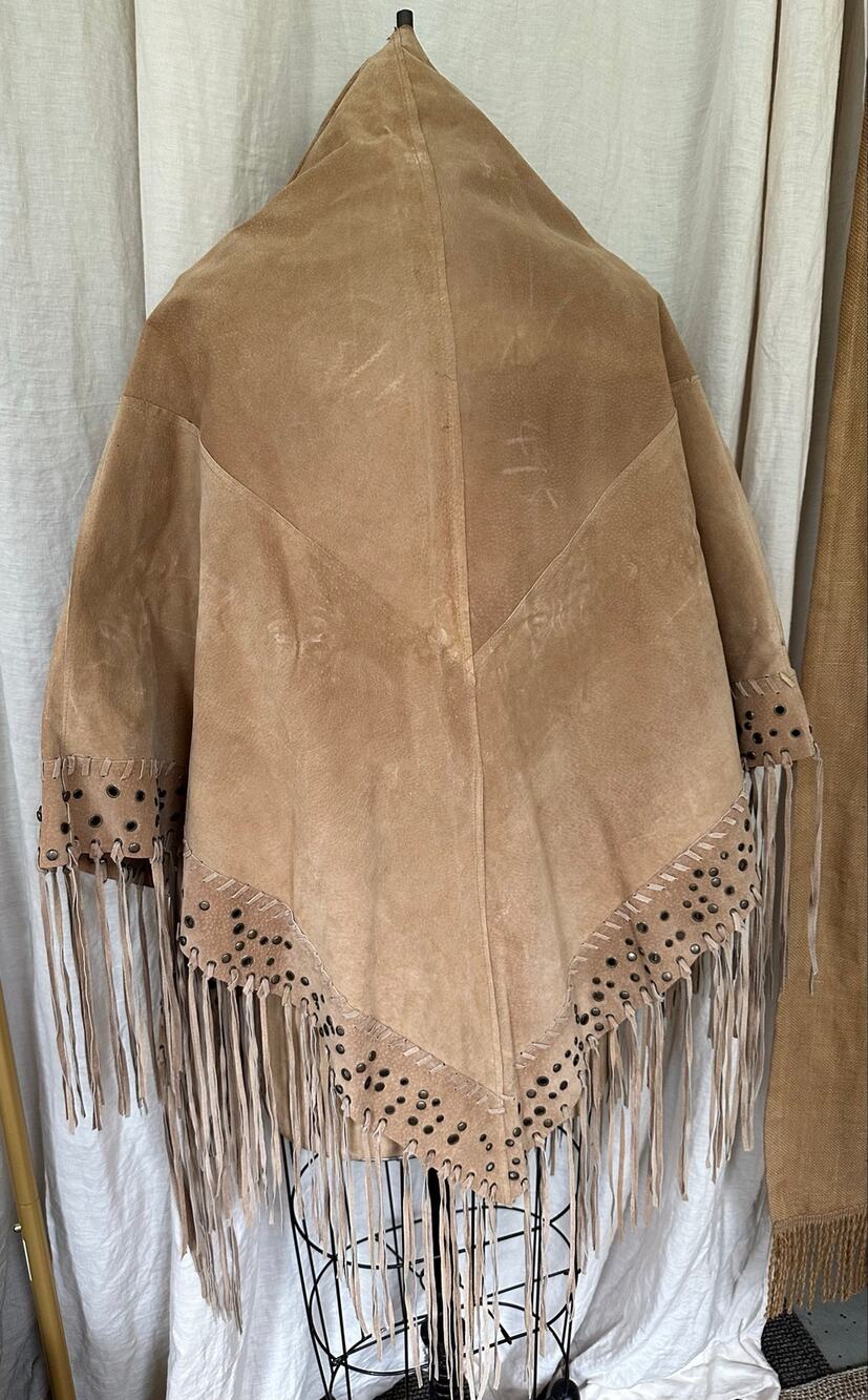 Vintage Suede Leather Fringe Shawl | Handmade Western Native Poncho 48”